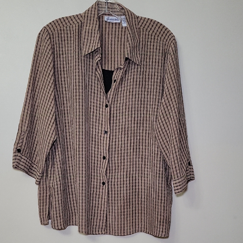 Joanna Petite Faux Twin-Set 1/4 sleeve Button Down Blouse Woman's PXL Blk/Br